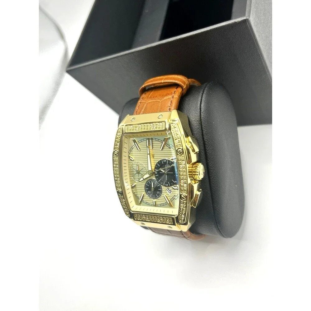 JBW Echelon Men's Chronograph Watch Gold Tone Brown Leather New Open Box